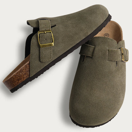 Olive green buckle clogs shown from above