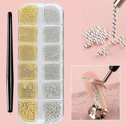 12Grid Gold/Silver Mini Caviar Beads Nail Art Decorations Metal Micro Balls Nail Charm with Magnetic Pen 3D Mini Caviar Nail Gem