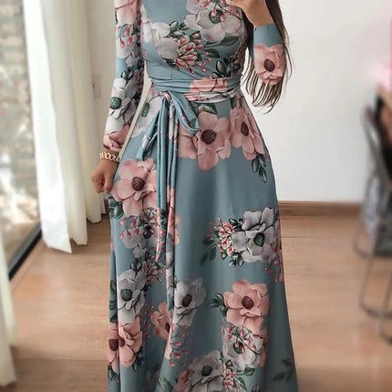 Slim Dresses Casual Long Sleeve Round Neck Flower Printed Dress Strap Floor-Length Long Skirt Clothing