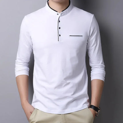 2025 Men's Business Casual Three Button Stand Up Collar Long Sleeved T-shirt Korean Style Comfortable Versatile Top