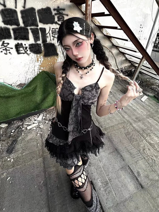 Sexy A-Linien-Kurzkleid Mädchen Streetwear Punk Hotsweet City Goth Kleidung Y2K Sommer Coquette Top 2000er Partyrock Neckholder-Kleider