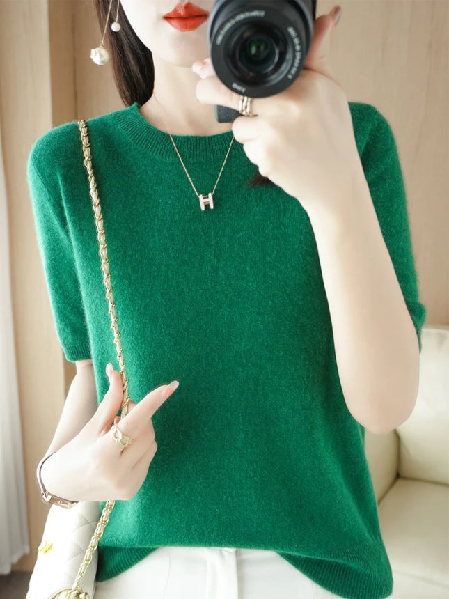 Short-sleeved Knitwear O-neck T-shirt Wool Cotton Blend Pullover Vest Sprig Summer Bottoming Tops Sweater