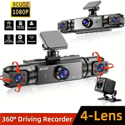 BCUOZ 4-Lens 360° Dashcam 1080P Front 720P Rear Left Right Car Cameras Super Night Vision Loop Recording G-Sensor WDR 12-24V Plug Power Supply Optional 64GB Memory Card