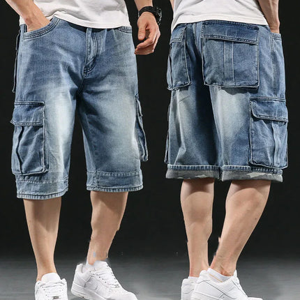 Men's Wide-leg Denim Shorts Multi Pocket 7 Point Work Cargo Jeans Shorts Fat Plus Size Denim Shorts Male