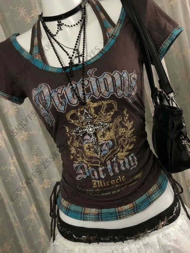 Himekaji T-Shirts Y2K Damen Gothic Streetwear Harajuku Punk 90er Kleidung Japanisches Mädchen Kurzarm-Shirts Kawaii Crop Tops