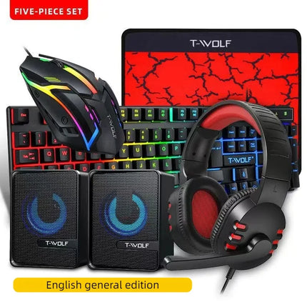T-WOLF Thunderwolf TF880 Wired Keyboard, Mouse, Headphones and Audio Five-piece E-sports Game Enjoy Super Fast - product imag