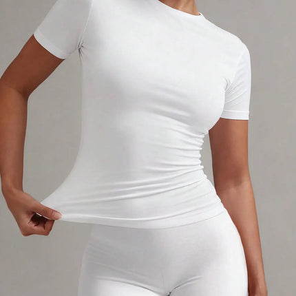 Women's White Solid Round Neck Short Sleeve Fitted T-Shirt for Summer Casual Wear