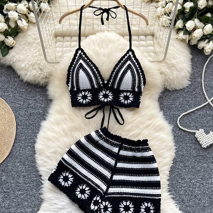 SINGREINY Beach Vacation Knit 2pcs Suits Women Halter Sleeveless Lace Up Camis+Elastic Waist Shorts Hook Flower Hollow 2pcs Set