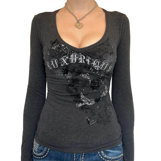 Women Autumn Fairy Grunge T-shirts Tops Y2K Long Sleeve Vintage Graphic Shirts E-Girls Aesthetic Tees