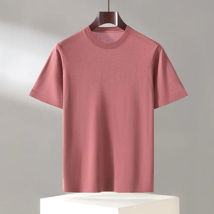 100% Lyocell Men's T-Shirt Casual Solid Color Knitted Pullover Short-Sleeved Loose Round Neck Tees Pull Vest Tops