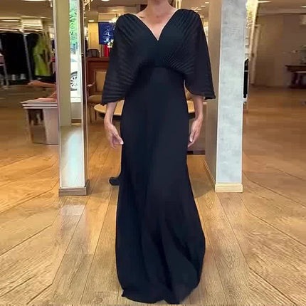 Elegant V-neck Waist Evening Dress Women Casual 3/4 Sleeve Solid Pleated Maxi Dress Spring Autumn Fashion Pullover Party Dresses