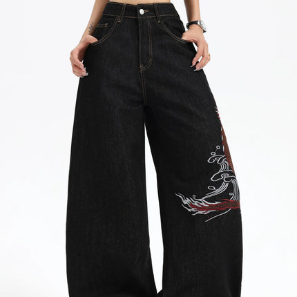 European And American Millennium Asian Cool Style Loose Jeans Traditional Dragon Pattern Embroidered High Waist Wide Leg Pants