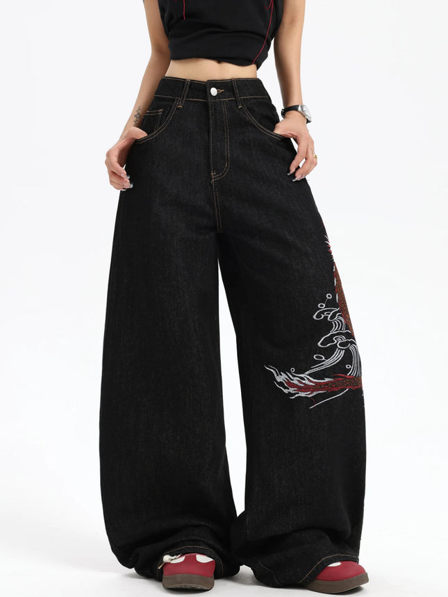 European And American Millennium Asian Cool Style Loose Jeans Traditional Dragon Pattern Embroidered High Waist Wide Leg Pants