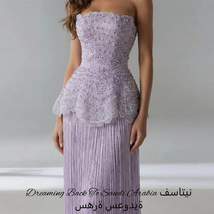 Exquisite Tassel and Beading Vestido De Festa Customized Strapless Lace Evening Dress Classic Straight Sleeveless Robe de soirée