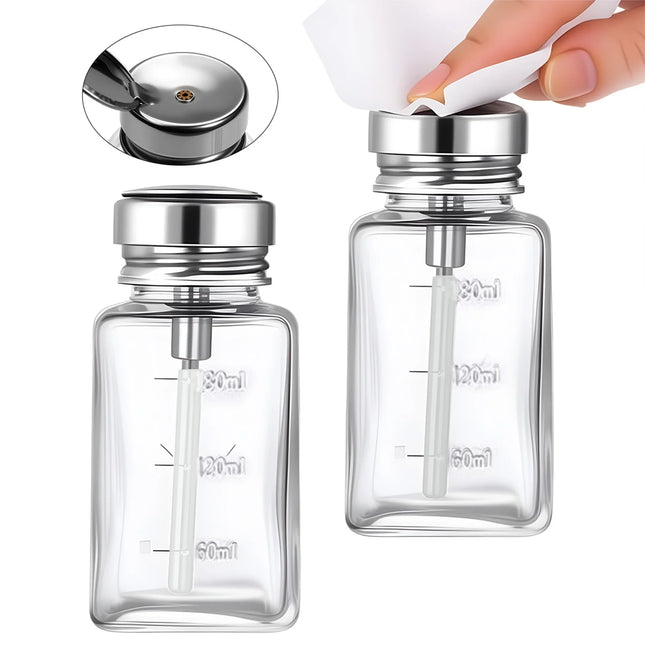 Botella de vidrio para uñas de 180ml con embudo de presión, botella de alcohol tipo prensa, botella vacía de quitaesmalte, líquido de limpieza, suministros hidráulicos