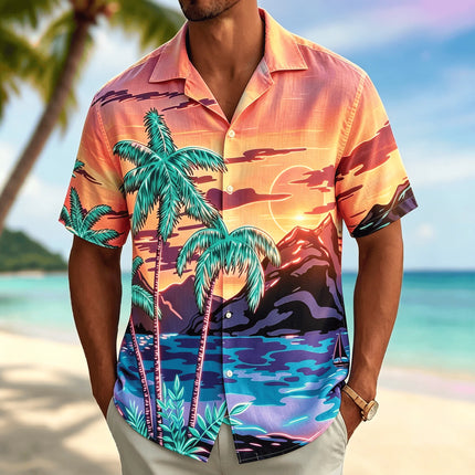 Men's Neon Sunset Palm Print Short Sleeved Shirt, Hawaiian Beach Scenery Casual and Comfortable Shirt