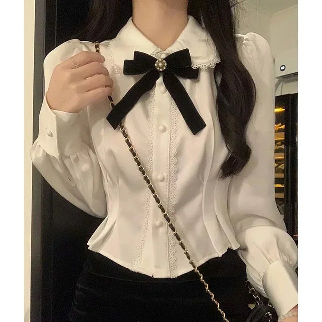 Sweet White Bow Shirts Wome Preppy Kawaii Lace Patchwork Blouses Female Lolita Peter Pan Collar Long