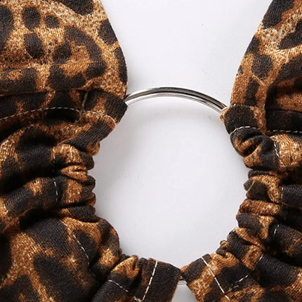 Leopard Print Halter Crop Top for Women Backless Bandage Lace-Up Sequin Metal Ring Detail Party Club Bustier 2025 Style