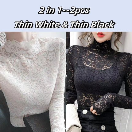 Autumn Winter High Neck Lace Long Sleeve Thick & Thin Fleece Basics Tops Elegant T-Shirt Trend Slim Sexy