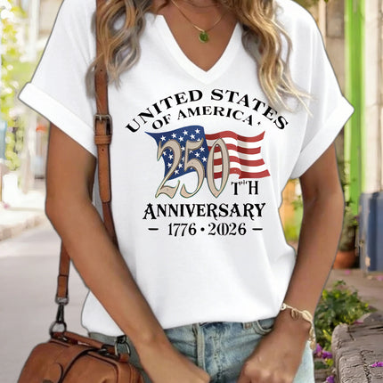 Women's V-Neck "USA 250th Anniversary 1776-2026" Graphic Tee, American Flag Print T-Shirt, Casual Patriotic Short Sleeve Top