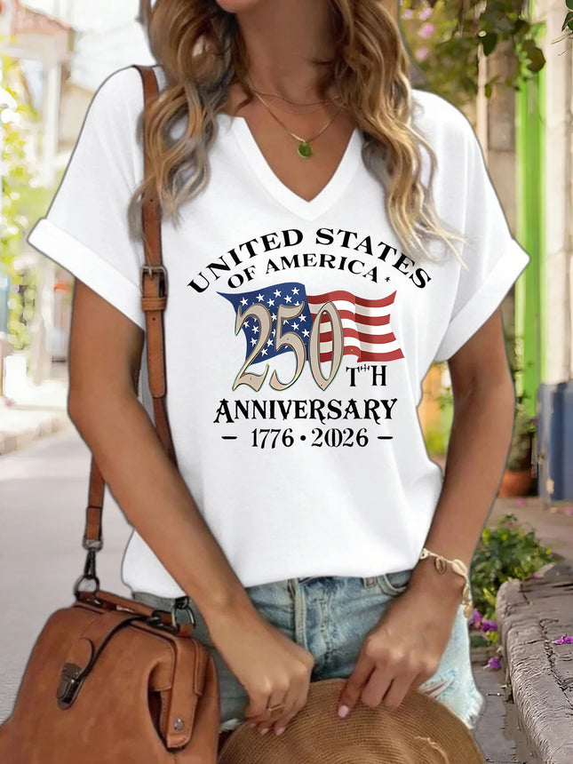 Damen V-Ausschnitt „USA 250th Anniversary 1776-2026“ Grafik-T-Shirt, T-Shirt mit amerikanischer Flagge, lässiges patriotisches Kurzarm-Oberteil
