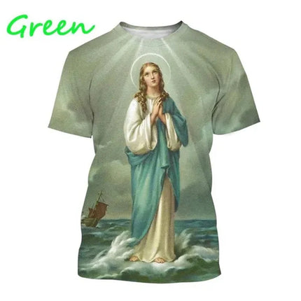 Virgin Mary T Shirt Goddess of Mercy 3D Print T-Shirt Christian Blessed Jesus God Tee Shirts Womens Clothing Unisex Short Sleeve