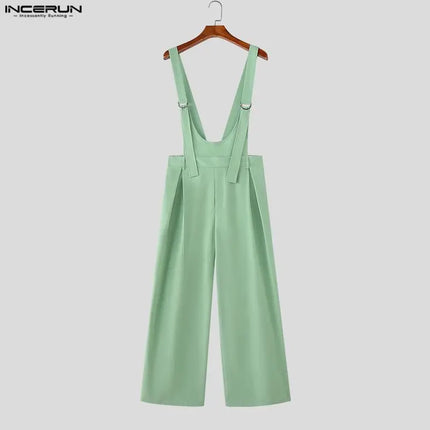 INCERUN Men Jumpsuits Solid Color Sleeveless Suspender Rompers Men Loose Streetwear Summer 2026 Fashion Wide Leg Overalls S-5XL