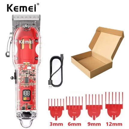 Kemei Rechargeable Hair Cutting Machine Barber Shop Fade Hair Clippers Cordless Trimmer Transparent Cover Red Base KM-1761&246