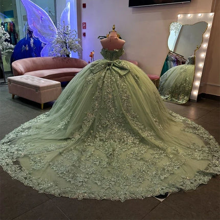Angelsbridep Customized Sage Green Ball Gown Quinceanera Dress With Shiny Lace 3D Appliques Off Shoulder vestidos de fiesta