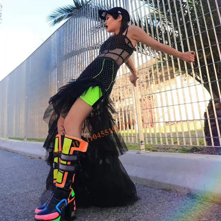 Club Punk Style Knee High Boots Colorful Platform Heels Cybertron Babe Boots Womens Neon Lug Heel Bling Straps Long Boot