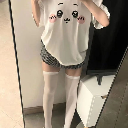 Japanese White Sweet T-shirt Kawaii Cartoon Expression Print Tshirt Preppy Cute Casual Tee Fashion Harajuku Girls All Match Tops