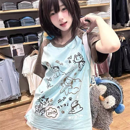 Women Japanese Cartoon Printing Tops E-girl Fairycore Contrast Color Cute Graphic T Shirt Y2k Aesthetics Grunge Casual T-shirt