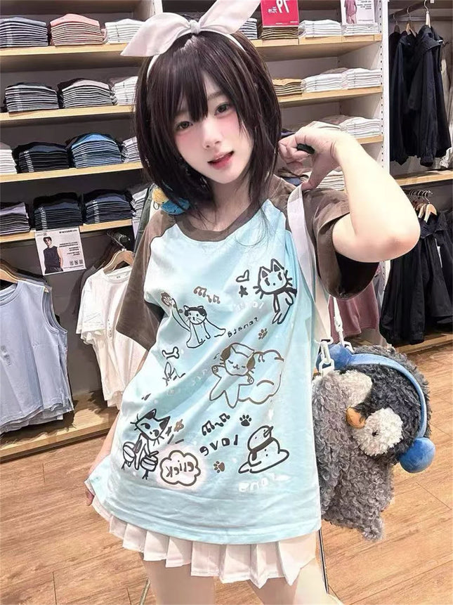 Damen japanische Cartoon-Druck-Tops E-Girl Fairycore Kontrastfarben Süße Grafik-T-Shirts Y2k Ästhetik Grunge Casual T-Shirt