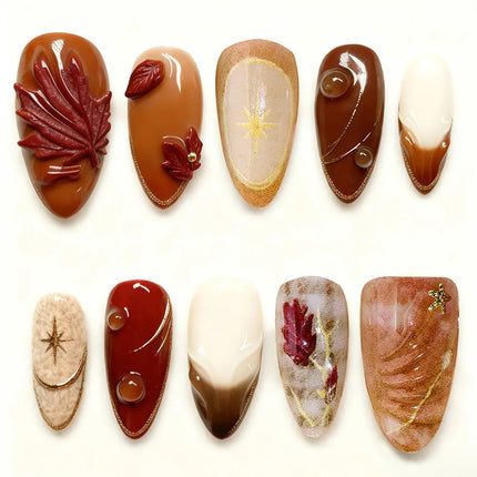 24pcs Almond False Nails Tips Summer Beach Colorful Nails Sets with Pearl Flower Design Press on Nails Art Wearable Fake Nail