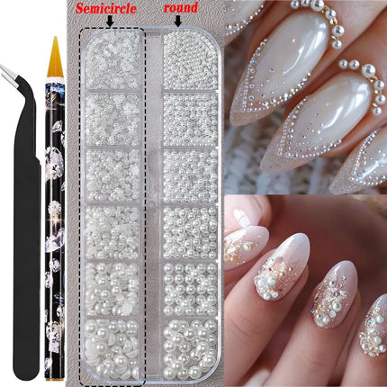 12grids Half Round Pearls Beads 3D Nail Charms 1.5/2/2.5/3/4/5mm White Flatback Pearls Nail Jewelry Nail Craft Pearl Rhinestones