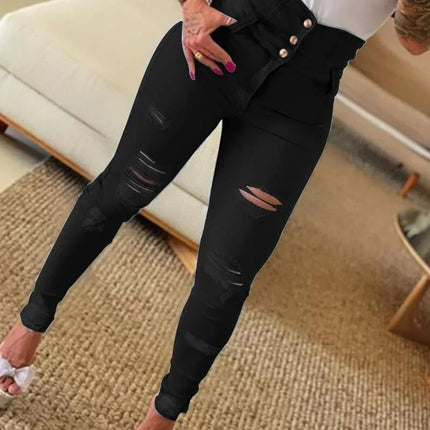 Autumn New Broken Holes High Waist Jeans Women Fashion Casual Denim Trousers Female Button Splicing Slim Fit Skinny Pencil Pants