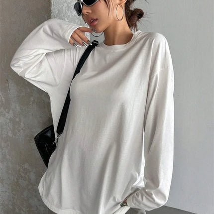 Women Basic Long Sleeve Loose O-neck T-shirt Autumn Winter Solid Color Tee Top Streetwear