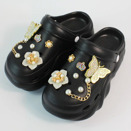 Women DIY Silver Butterfly-Knot Fashion Bow Decor Clogs Summer Sping Autumn Beach Sandals Cave Hole Garden Shoes Students Girls