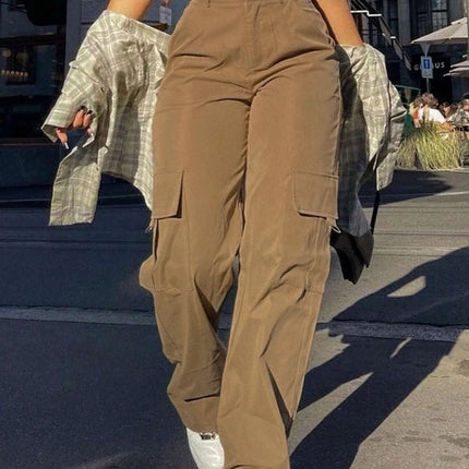 Women's Plain High Waist Cargo Pants, Street Fashion Casual Pocket Button Trousers for Daily Wear, Ladies Bottoms for All Season