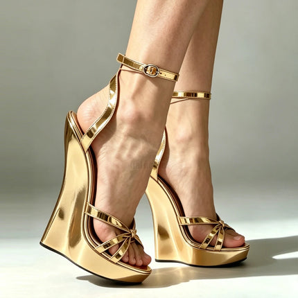18CM Gold Metallic Wedge High Heels Sandals Women Sexy Ankle Strap Platform Pumps Unisex Fetish Shoes