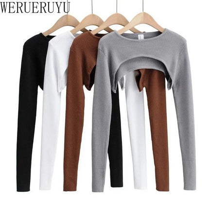 T-shirts Long Sleeve Crop Top Spring Autumn Y2k Aesthetic Clothes O-neck Black White Sexy Harajuku Knitted