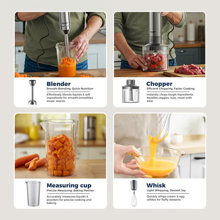 Hand Immersion Blender Powerful 4-in-1,Stainless Steel Stick Food Mixer,700ml Mixing Beaker,500ml Processor,Whisk,220-240V