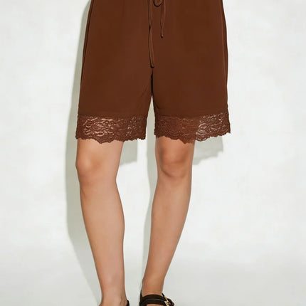 Lace Trim Bermuda Shorts for Women Casual Loose Drawstring Low Rise Wide Leg Knee Length Pajama Lounge Shorts