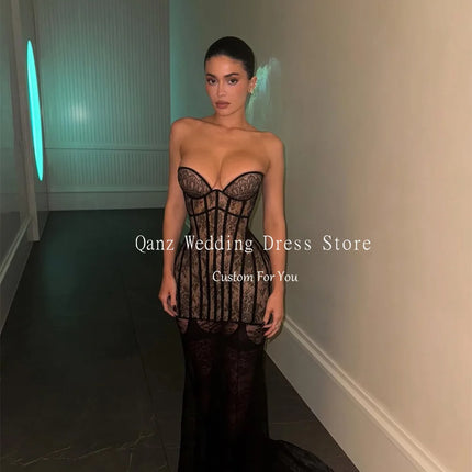 Qanz Sexy Black Lace Prom Dress Sweetheart Mermaid Corset Back Illusion Evening Dresses Woman Elegant Party Gowns Customized