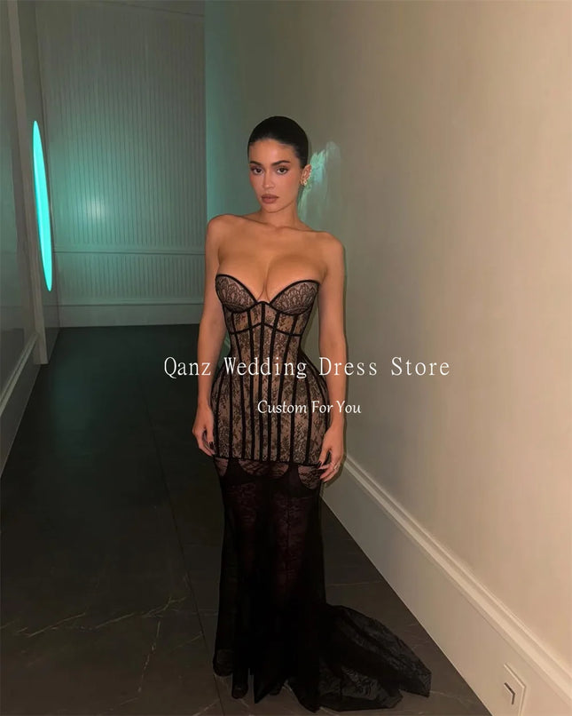 Qanz Sexy Schwarzes Spitze Ballkleid Sweetheart Meerjungfrau Korsett Rücken Illusion Abendkleider Frauen Elegante Partykleider Maßanfertigung