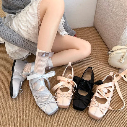 Spring/Fall New Mary Jane Flats - Ballet-Inspired Square-Toe Lace-up Flat Shoes with Elastic Strap, Vintage Satin Face Women 846