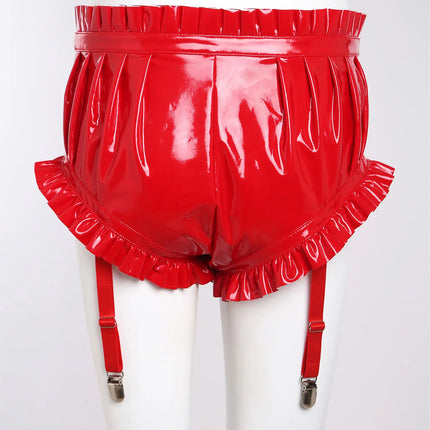 Women Wet Look Pu Leather Shorts Sexy Ruffle Ruched Booty Shorts High Waist Hot Pants Slim Fit Shorts with Garter Rave Clubwear