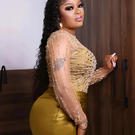 Customized Arabic Evening Dresses Gold Illusion Jewel Neck Long Sleeves Crystal Beads Mermaid Plus Size Celebrity Party Gowns