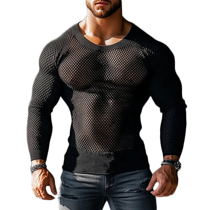 Casual Hollow Out See Through Tops Mens Vintage O Neck Long Sleeve Stretch Slim T-shirts Men 2025 Spring Fall Sexy Mesh T Shirt
