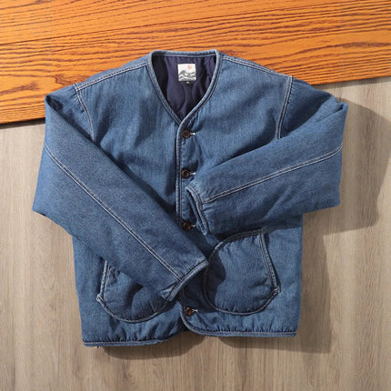 2025 Man Denim Jacket Autumn Winter Fashion V-neck Long Sleeve Male Cargo Coat Single-breasted Pocket Versatile Men Outerwear
